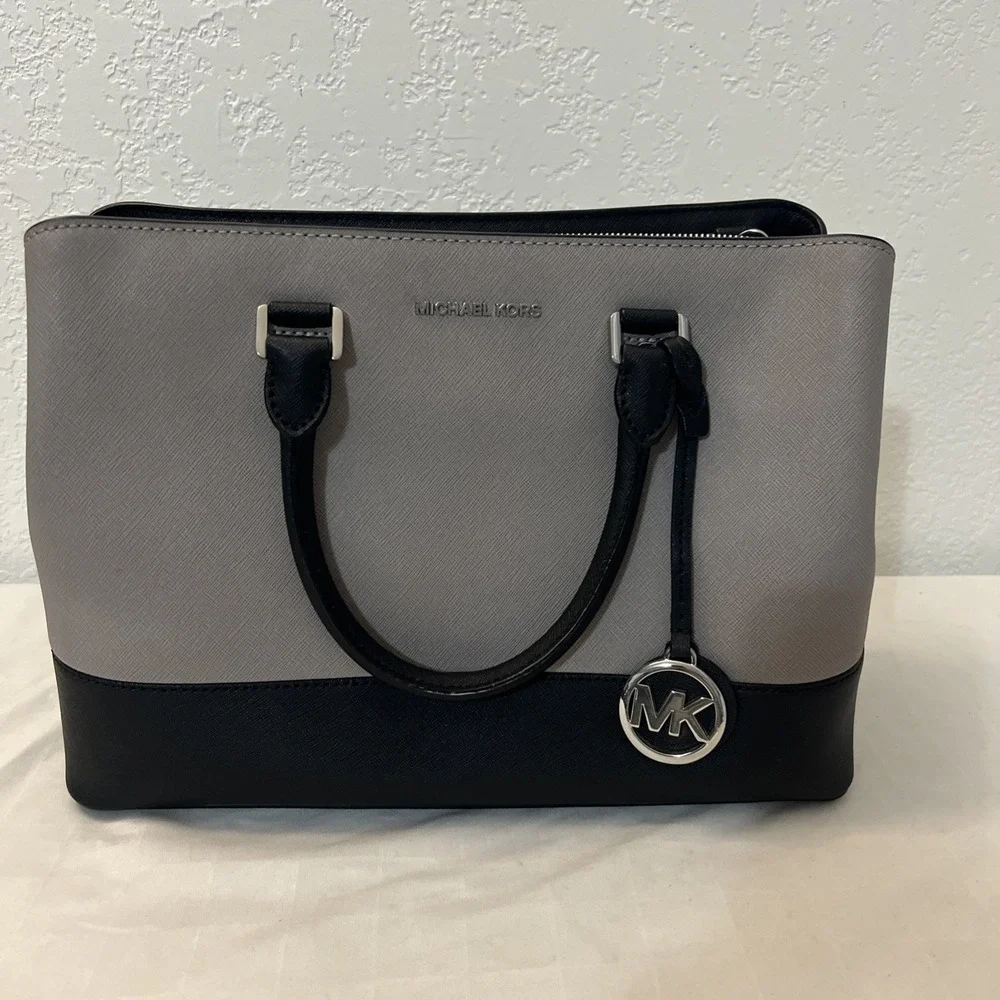 Michael‎ Kors Two Tone Sutton Satchel Bag Shoulder Strap Gray Black 9.5” X 13”